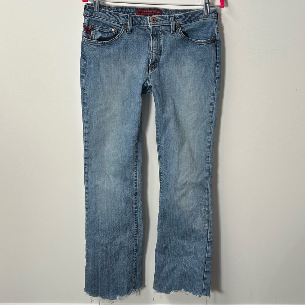 Y2K PARASUCO women's light blue lowrise embroidered straight raw hem jeans, 30".